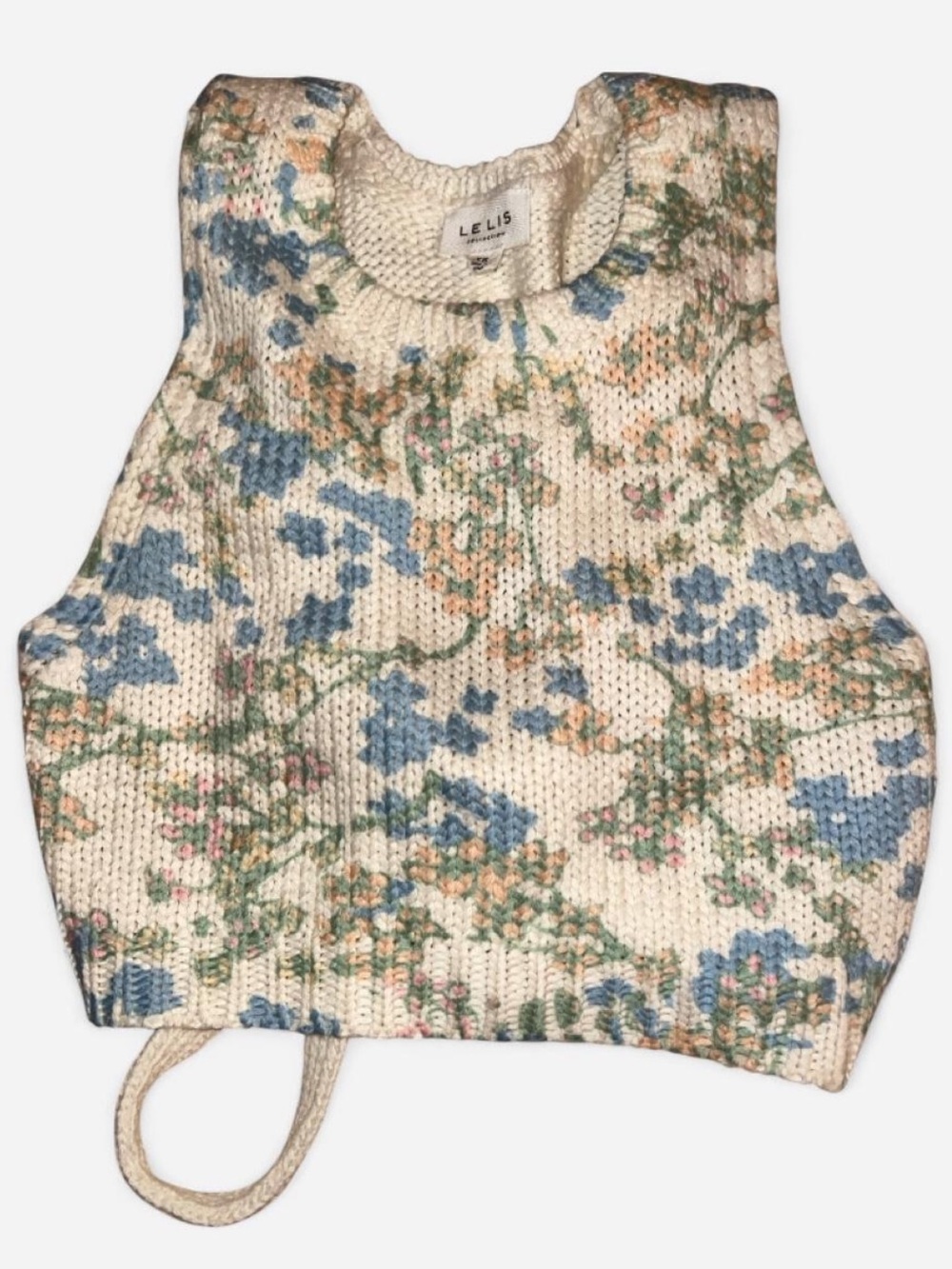 Lelis Boutique Cream Floral Knit Crop Sweater Vest with Blue and Green Accents